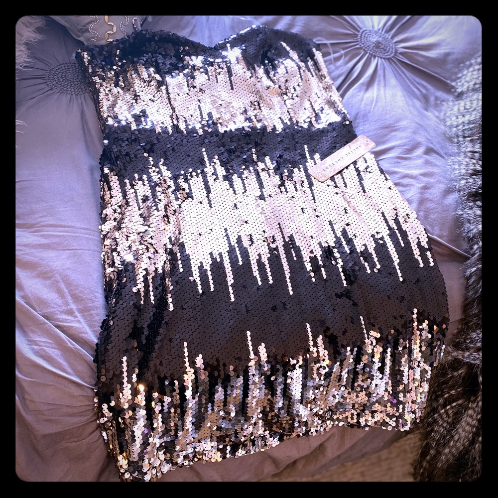 Strapless black and gold sequin dress